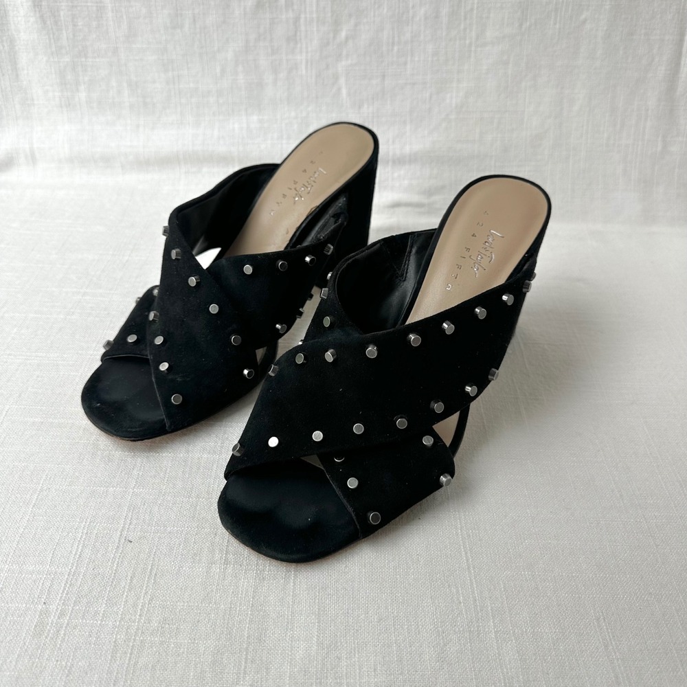Lord & Taylor 424 Fifth Black Suede Studded Block Heel Sandals 8